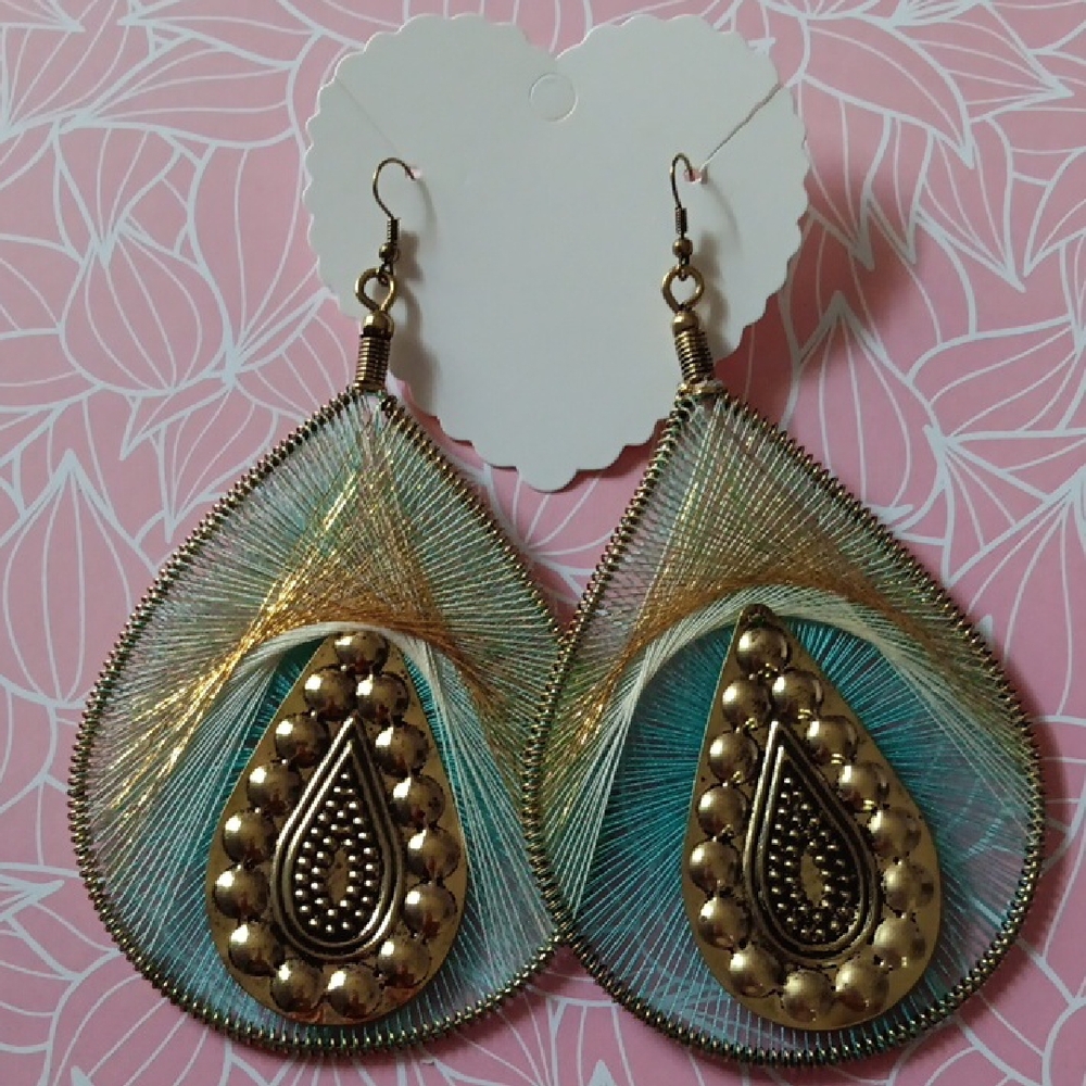 Gorgeous Oversized Turquiose Blue & Gold Large Exotic Earrings New!